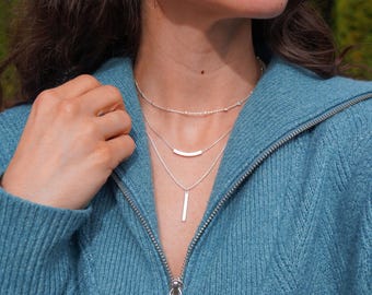Sterling Silver Layered Stack Necklace Set: Vertical Bar, Curved Bead, Satellite Chain