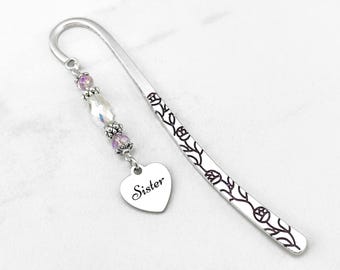 Sister Bookmark: Engraved Heart Charm with Bead Design