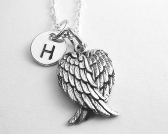 Sterling Silver Angel Wings Necklace: Personalized Initial Charm, Sympathy Gift