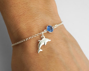 Dolphin Bracelet, Dolphin Anklet, Personalized Birthstone Bracelet, 925 Sterling Silver Rolo Chain, Minimalist Bracelet, Dolphin Jewelry