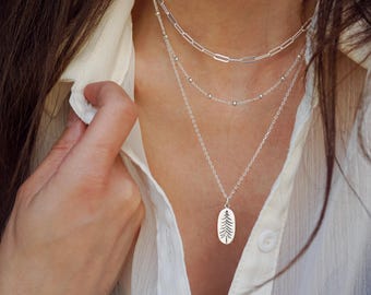 Tree Charm Layered Necklace for Women: 925 Sterling Silver, Paperclip Chain, Ball Bead Chain