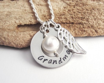 Cusom Grandma Memorial Necklace | Custom Hand Stamped Jewelry, Angel Wing Sympathy Necklace with Birthstone, Grief Gift, Grief Jewelry