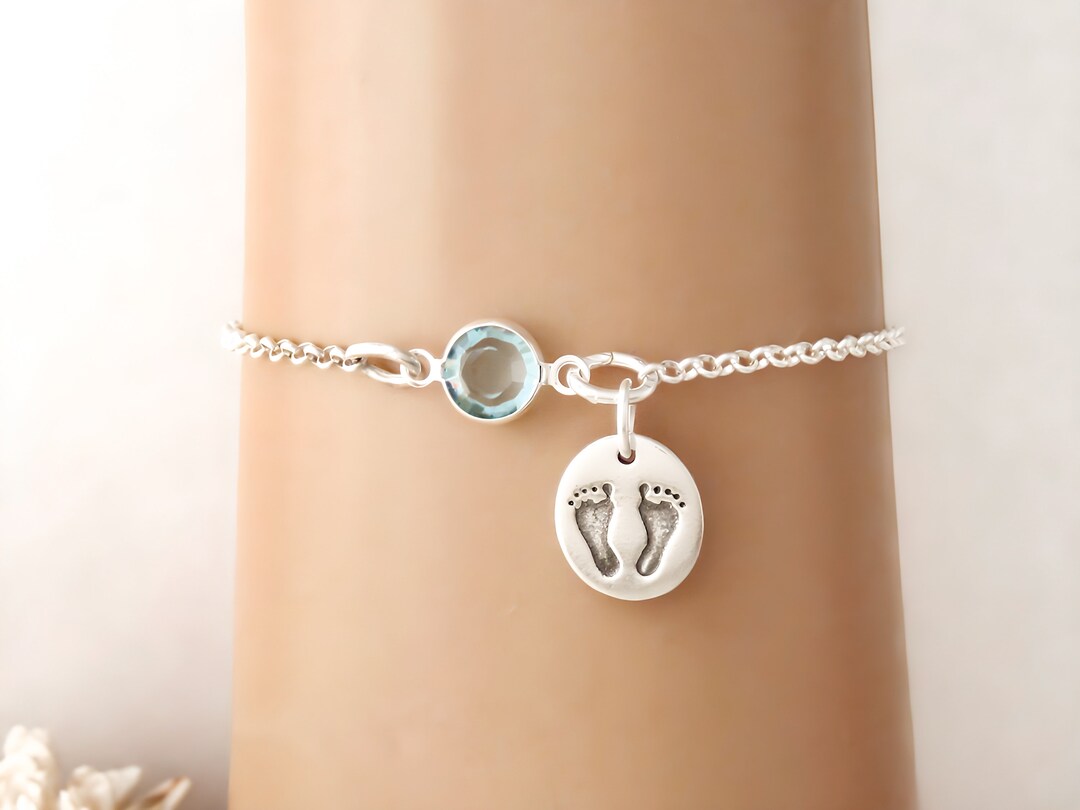 Baby Feet Bracelet or Anklet Personalized Birthstone Bracelet 925 Sterling Silver Rolo Chain New