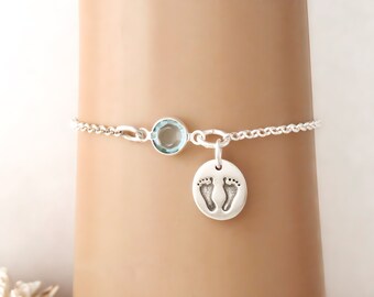 Baby Feet Bracelet or Anklet - Personalized Birthstone Bracelet - 925 Sterling Silver - Rolo Chain - New Mother Bracelet