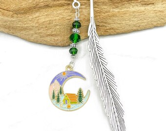 Hippie Moon Bookmark - Camping Bookmark - Unique Enamel Tibetan Silver Bookmark - Cabin in the Woods Charm - Outdoorsy Gifts