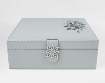 Gray Jewelry Box with Roses - Vegan Leather Jewelry Organizer Box for Girls and Women - Gray / Grey Jewelry Case - Jewelry Storage Case