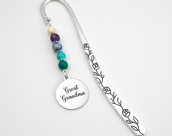 Great Grandma Bookmark - Tibetan Silver Beaded Bookmark - Great Grandma Gift Ideas - Custom Laser Engraved
