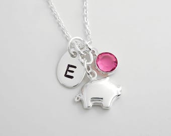 Personalized Pig Charm Necklace: 925 Sterling Silver Initial & Birthstone