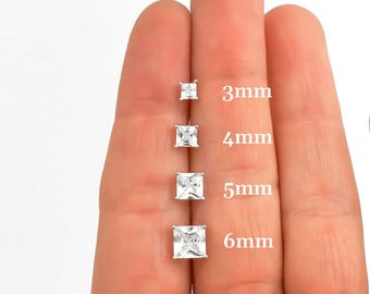 CZ Stud Earrings - Sterling Silver Stud Earrings - Square Stud Earrings - 925 Sterling Silver Studs - 3mm, 4mm, 5mm, 6mm