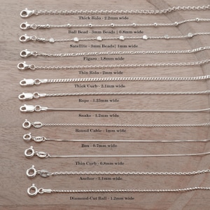 Solid Sterling Silver Chain Necklace for Women - Anchor, Snake, Rope, Curb, Cable, Rolo, Figaro, Box, Satellite, Ball Chains 14 to 36 inches