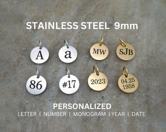 9mm Round Stainless Steel Charm - Silver or Gold Letter Charms - Alphabet Charms  - Monogram Charm, Date Charm, Number Charm, Initial Charm