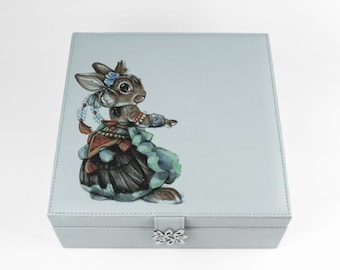 Rabbit Jewelry Box - Gray Vegan Leather Jewelry Organizer Box for Girls and Women - Gray / Grey Jewelry Case - Jewelry Storage Case