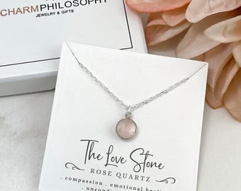 Rose Quartz Necklace - Love Stone - Valetine's Day Gift - Round 9 mm Gemstone Charm - 925 Sterling Silver Jewelry - Faceted Rose Quartz