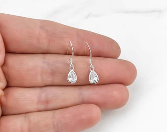 Tiny Teardrop Earrings - Minimalist Jewelry - Cubic Zirconia Tear Drop Charm - 925 Sterling Silver Earrings - Simple Everyday Jewelry