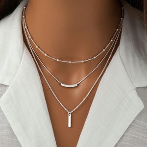 Sterling Silver Layered Necklace for Women: Minimalist 3 Layer Set - Vertical Bar, Curved Bar and Ball Bead Chain