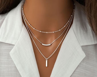 Sterling Silver Layered Necklace for Women: Minimalist 3 Layer Set - Vertical Bar, Curved Bar and Ball Bead Chain, Mix and Match