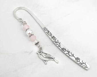 Silver Bird Bookmark: Beaded Bird Charm, Teacher Gift
