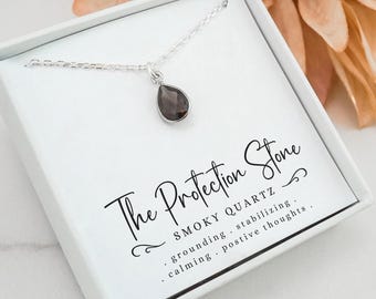 Protection Necklace - Natural Smoky Quartz Teardrop Pendant - 925 Sterling Silver Jewelry