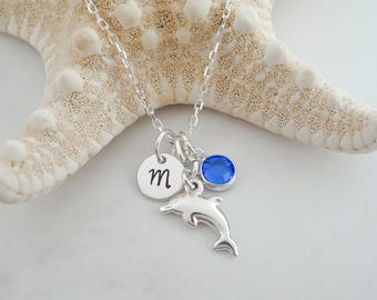 Dolphin Necklace - 925 Sterling Silver Jewelry - Small Dolphin Charm - Personalized Initial and Birthstone - Dolphin Jewelry