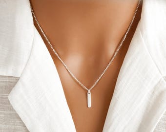 925 Sterling Silver Vertical Bar Necklace - Minimalist Necklace for Women - Small Vertical Bar Charm Necklace - Everyday Minimalist Jewelry