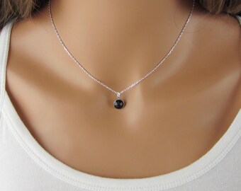 Tiny Dew Drop Necklace - Minimalist Jewelry - Faceted Black Onyx Round Charm - 925 Sterling Silver Necklace - Simple Everyday Jewelry