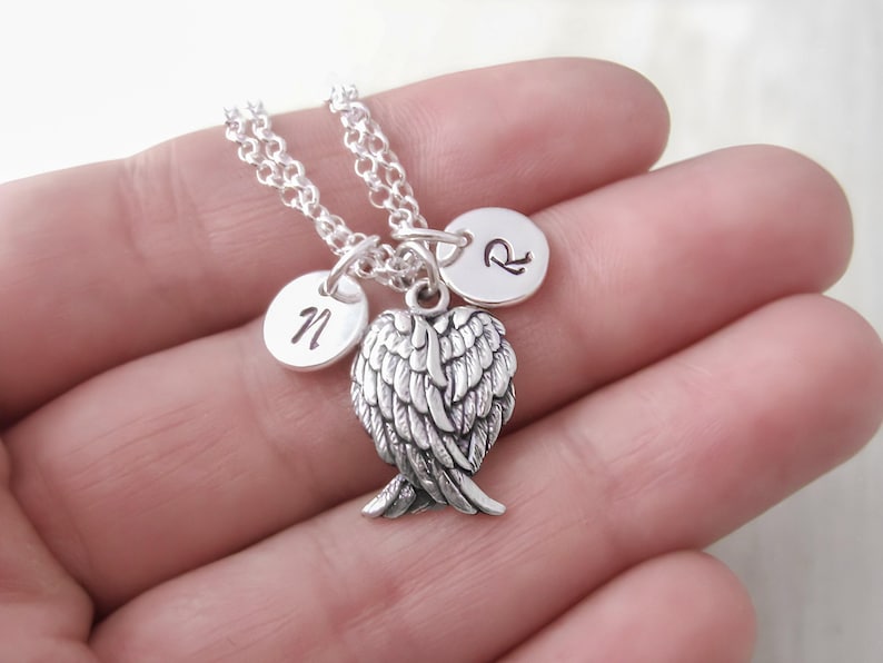 Angel Wings Bracelet: 925 Sterling Silver Double Rolo Chain, Handstamped Initial Charms image 4