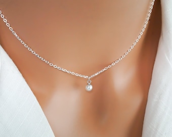 Tiny Pearl Necklace - 925 Sterling Silver Necklace - Minimalist Jewelry - Round Faux Pearl Drop Charm - Simple Everyday Jewelry
