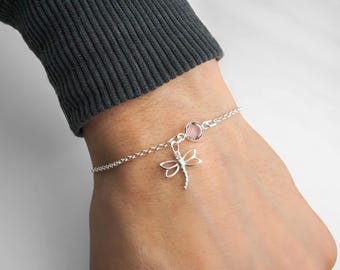 Dragonfly Bracelet or Anklet - Personalized Birthstone Bracelet, 925 Sterling Silver Rolo Chain, Dainty Minimalist Bracelet, Dragonfly Gifts