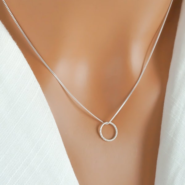 Silver Karma Necklace - 925 Sterling Silver Round Twisted O Ring Necklace - Fine Curb Chain - Small Minimalist Jewelry - Dainty Necklace