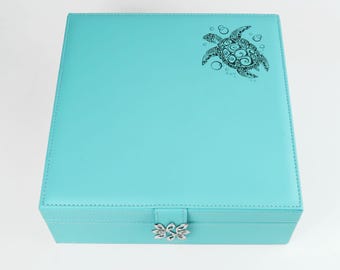 Sea Turtle Jewelry Box - Turquoise Blue Vegan Leather Jewelry Box for Girls and Women - Jewelry Organizer with Mirror, Ring Storage Box