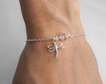Dragonfly Bracelet or Anklet - Personalized Birthstone Bracelet, 925 Sterling Silver Rolo Chain, Dainty Minimalist Bracelet, Dragonfly Items