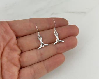Silver Hockey Earrings - 925 Sterling Silver Hockey Stick Charm Jewelry - Simple Everyday Earrings - Small Sports Earrings