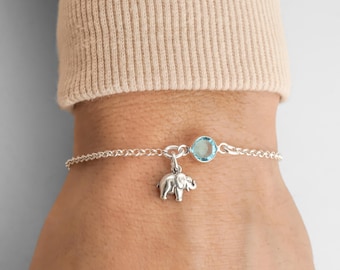 Elephant Bracelet - Elephant Anklet - Personalized Birthstone Bracelet - 925 Sterling Silver - Rolo Chain - Dainty Minimalist Charm Bracelet