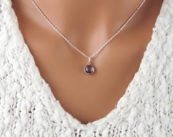 Round Amethyst Necklace - February Birthstone Necklace - Round 9 mm Genuine Gemstone Charm - 925 Sterling Silver Jewelry - Faceted Amethyst
