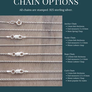 a variety of chain options, including different types of chains such as anchor chains, snake chains, rope chains, and curb chains, all made of 925 sterling silver.