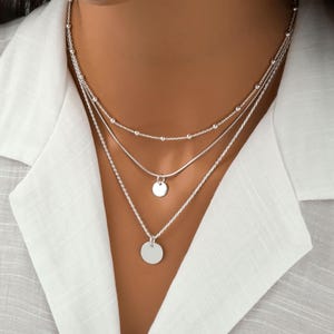 Sterling Silver 3 Layer Necklace - Minimalist Jewelry, Plain Circle Charm and Ball Bead Chain