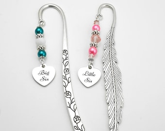 Big Sis, Little Sis Bookmark: Custom Engraved Heart Charm Book Marker, Sister Gifts