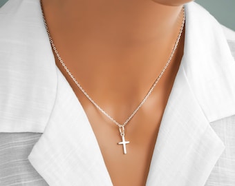 Silver Cross Necklace - Religious Jewelry - 925 Sterling Silver Christian Cross Charm Necklace, First Communion Necklace, Confirmation Gifts