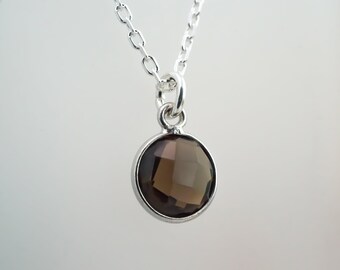 Smoky Quartz Necklace - Round 9mm Gemstone Charm - 925 Sterling Silver Jewelry - Natural Smokey Quartz Jewelry