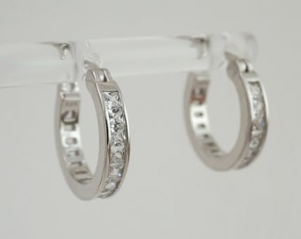 Round Cubic Zirconia Hoop Earrings - Small 925 Sterling Silver Hoops - Sparkly CZ Hoops - Fancy Round Hoop Earrings - 18mm