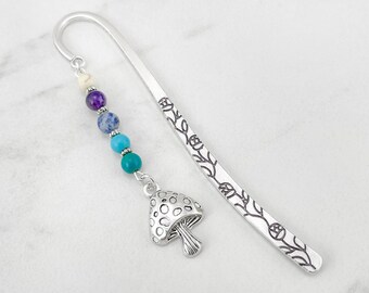 Magical Mushroom Bookmark - Silver Botanical Charm - Cottagecore Gift Ideas - Mushroom Gifts - Tibetan Silver Beaded Bookmark