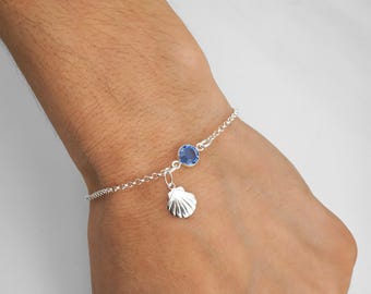 Clam Shell Bracelet, Clam Shell Anklet, Birthstone Bracelet, 925 Sterling Silver Rolo Chain Bracelet, Seashell Gifts, Summer Jewelry