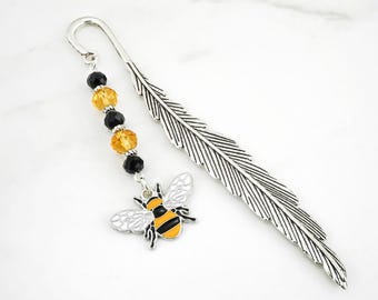 Bee Bookmark - Custom Beaded Bookmark - Tibetan Silver Yellow BumbleBee Stationary - Unique Metal Bookmark