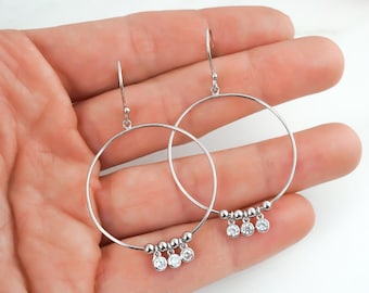 Cubic Zirconia Hoop Earrings - 925 Sterling Silver Jewelry - Thin Hoops - Wedding Earrings - Bridal Dangle Hoop Earrings