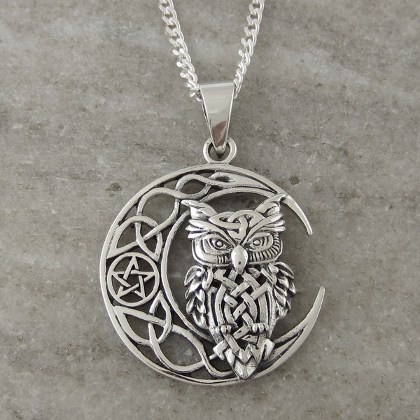 Celtic Owl Necklace - Celtic Crescent Moon with Pentacle Necklace - 925 Sterling Silver Jewelry