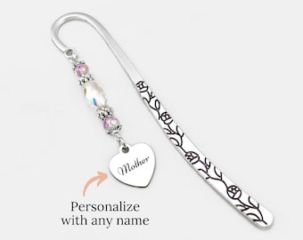 Personalized Bookmark: Mother or Custom Name Heart Charm, Beaded Mother's Day Gifts for Mom from Son or Daughter