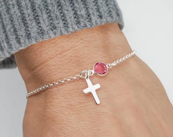 Tiny Cross Birthstone Bracelet or Anklet for Christians 925 Sterling Silver Rolo Chain Personalized Dainty Minimalist Bracelet with Cross