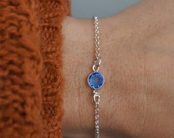 Custom Birthstone Bracelet - Preciosa Sapphire Septemer Birthstone Anklet - 925 Sterling Silver - Dainty Minimalist Bracelet
