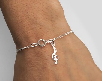 Sterling Silver Treble Clef Bracelet or Anklet: Dainty Music Note Charm
