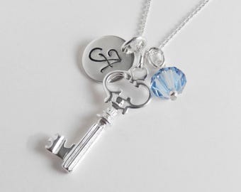 Personalized Key Necklace - Hand Stamped Initial - Preciosa Birthstone Bead - 925 Sterling Silver Jewelry